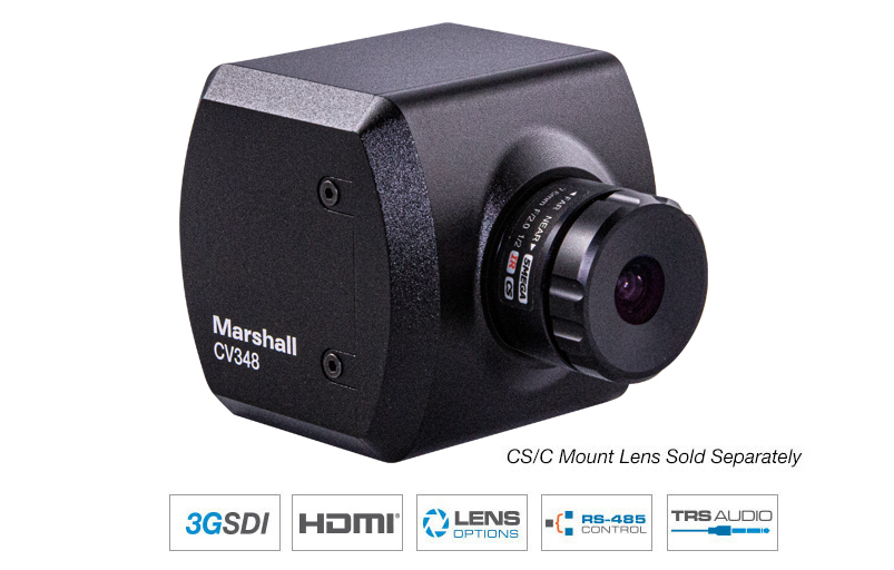 CV348 Compact POV Camera with HDMI + 3GSDI + CS Lens Mount Frontal View